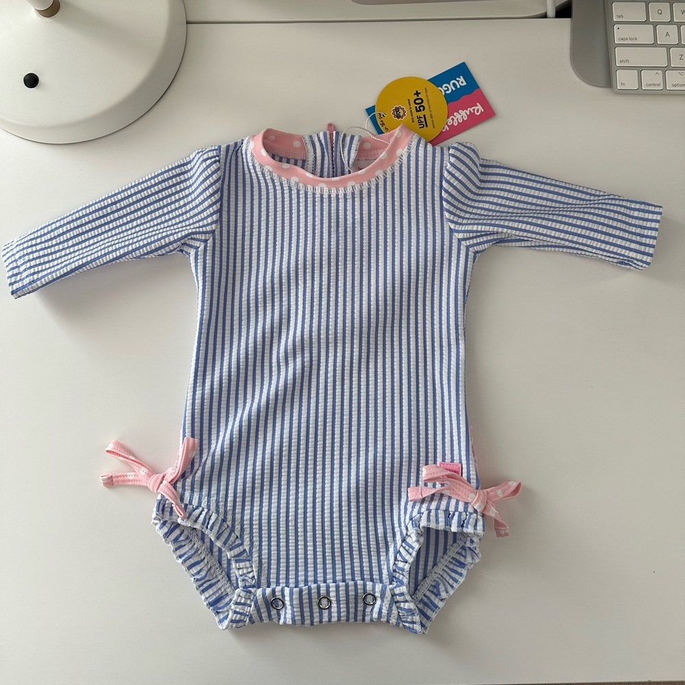 Ruffle Butts Blue and Pink Striped Kids Swim One Piece